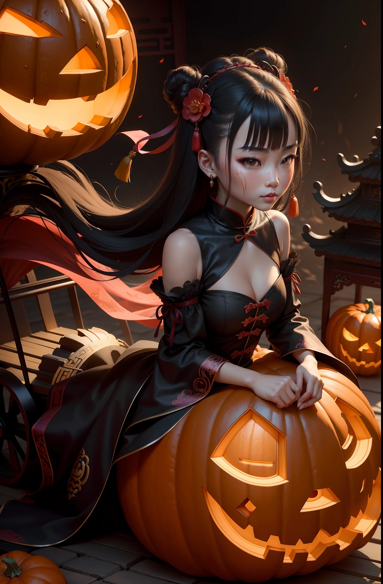 Chinese style Halloween characters,Pumpkin cart,Dark Princess Wind,Detailed facial portrayal,Fine texture,Juvenile face,Beautify and groom,The face is plump and rounded,Hua Dian