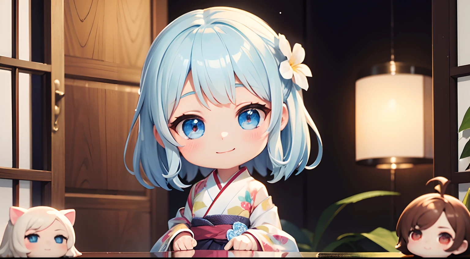 photoRealstic、Doll standing in front of the painting(nendroid)、A smile、Water droplets on the cheeks、In a cute pose、Sengai、pixiv、rokoko、dollfie dream、watercolor Nendoroid、(High Definition Figure)、Flowing iridescent silk、up of face、Eye Up、Komono、Kimono、There are also flowers in front of the nendroids、flower petals、season!!: 夏天☀ 🍂