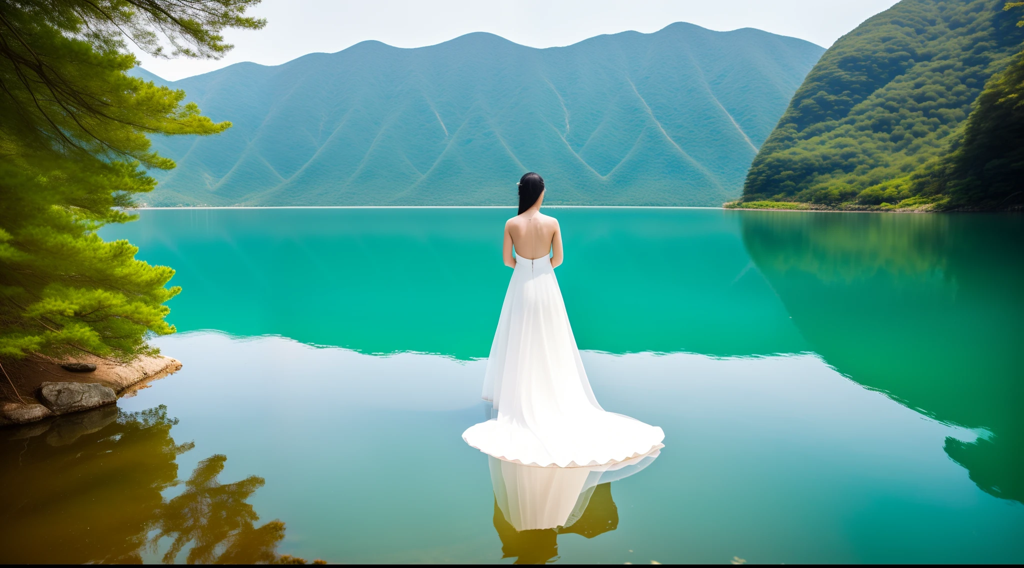Girl swimming in the lake, 独奏, Dressed in a white dress, Elegant, artistic,  (Photorealsitic: 1.4), top-quality, ​masterpiece, ultra-detailliert