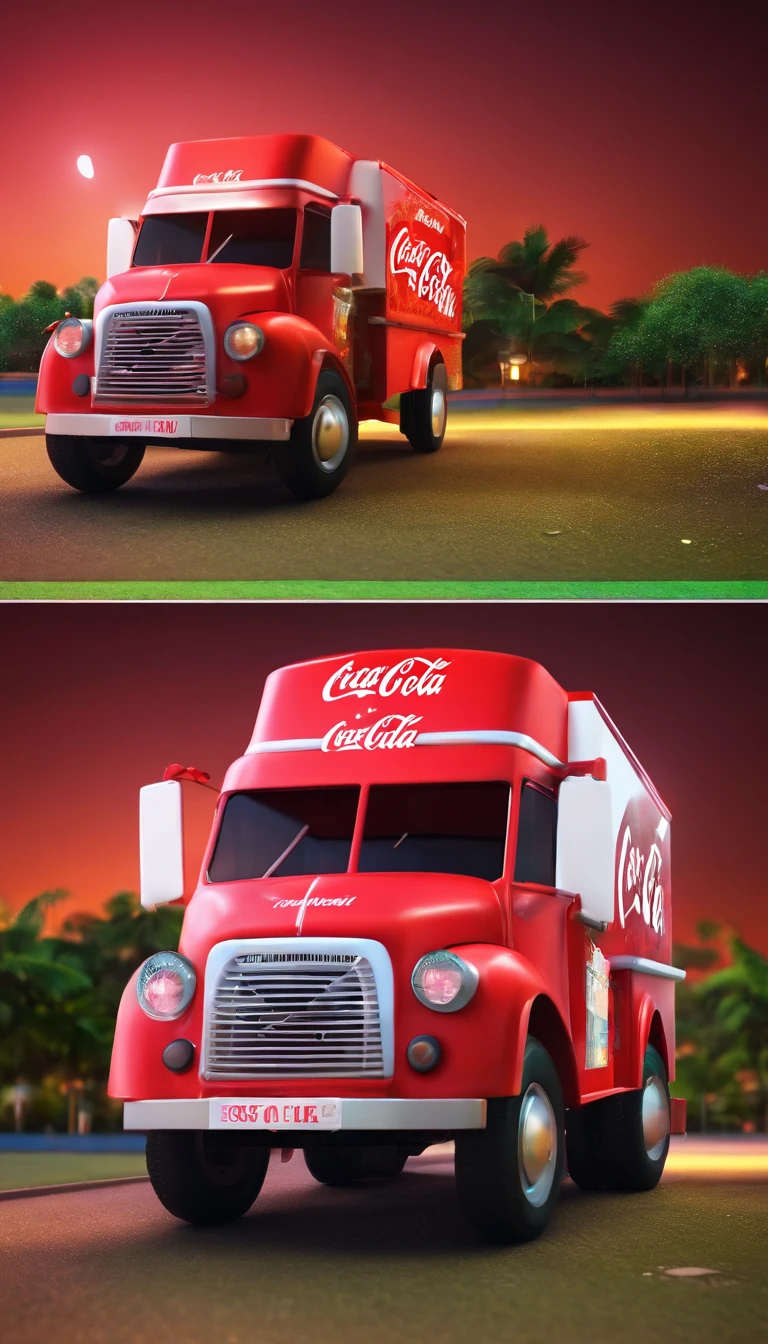 a festival vibe 'CoCa CoLa' mini modern sales truck with open back door to sell drinks in the park, in the night, urban 'Ho Chi Minh city' background, directly view point at the back of the truck,