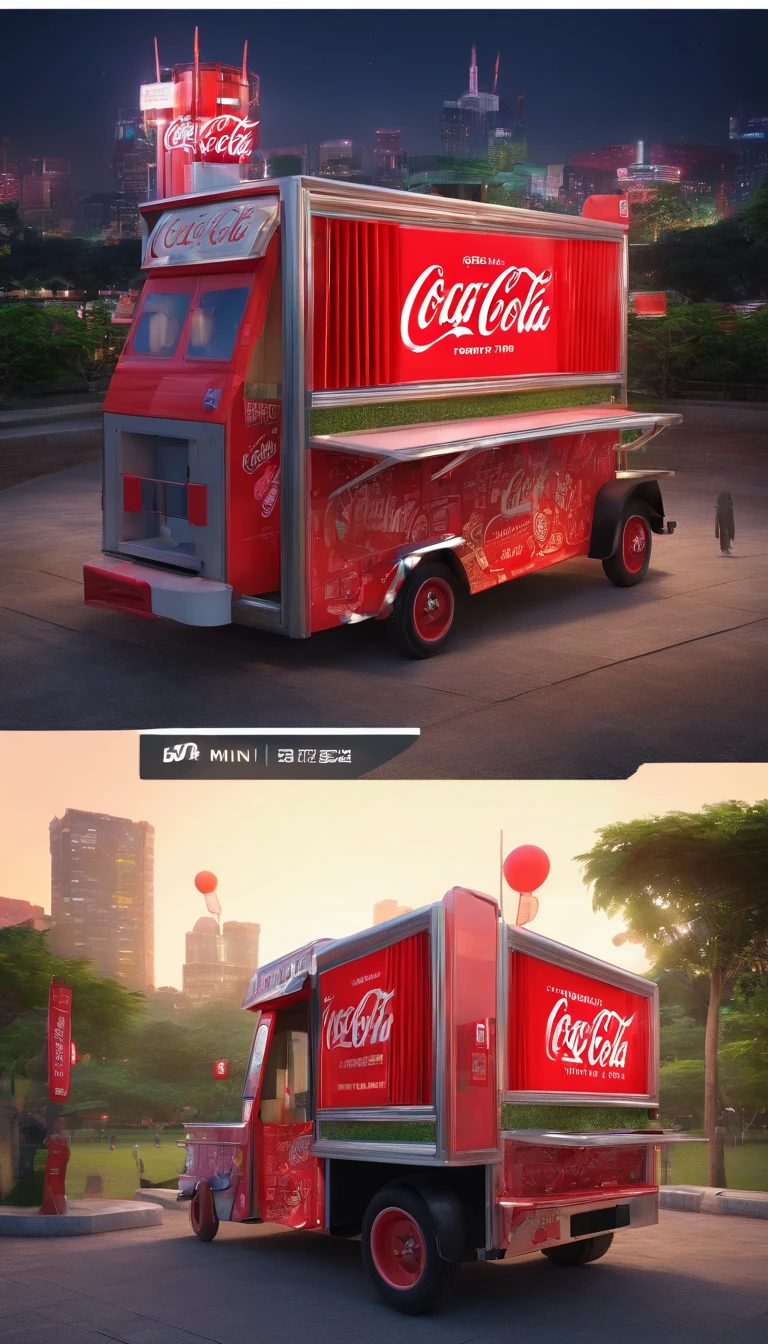 a festival vibe 'CoCa CoLa' mini modern sales truck with open back door to sell drinks in the park, in the night, urban 'Ho Chi Minh city' background, directly view point at the back of the truck,