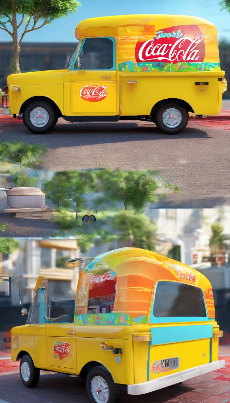a festival vibe 'CoCa CoLa' mini modern sales truck with open back door to sell drinks in the park, in the night, urban 'Ho Chi Minh city' background, directly view point at the back of the truck,