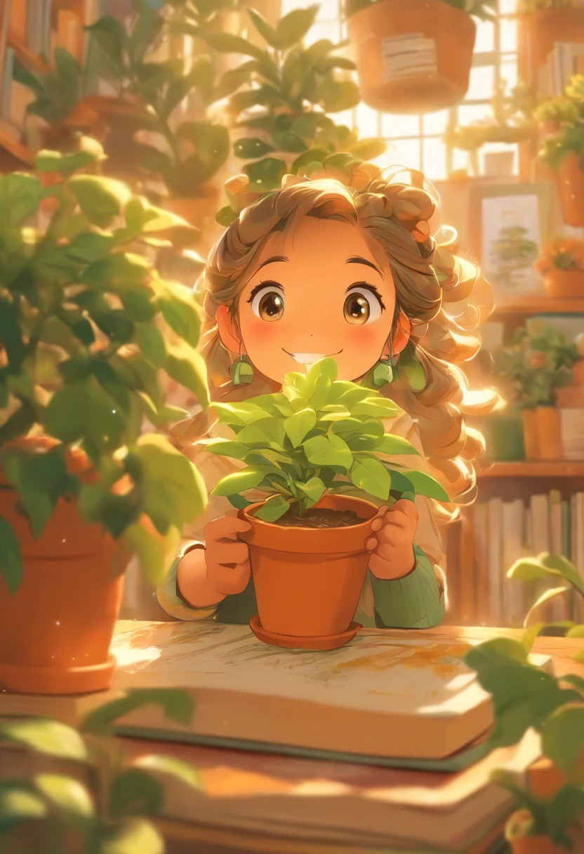 a book with holding up a picture of a potted plant, in the style of detailed character illustrations, lilia alvarado, playful cartoonish illustrations, honeycore, close-up, digital illustration