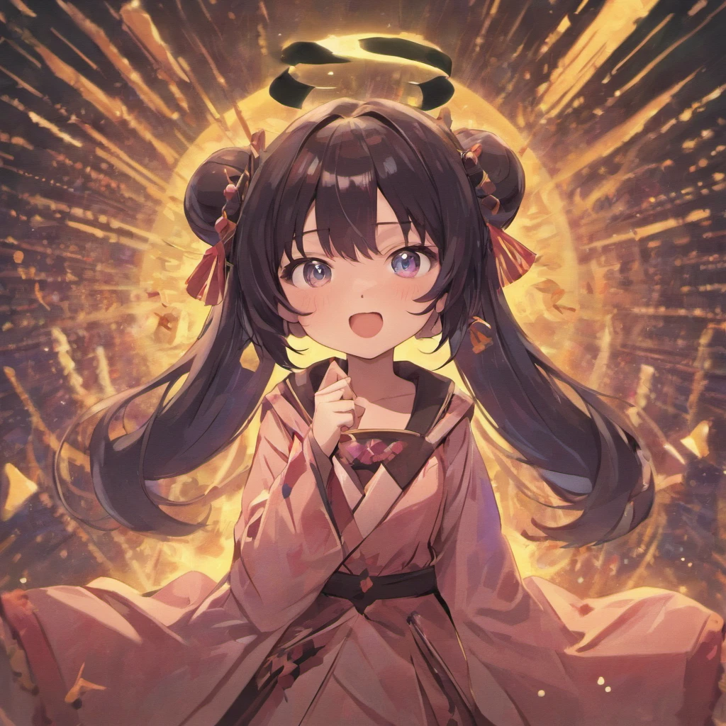 black hair, hair bobbles, wince, longeyelashes, solid circle eyes, fake animal ears, light smile, ear blush, fang, Surrealism, anaglyph, stereogram, tachi-e, atmospheric perspective, 8k, super detail, ccurate, best quality