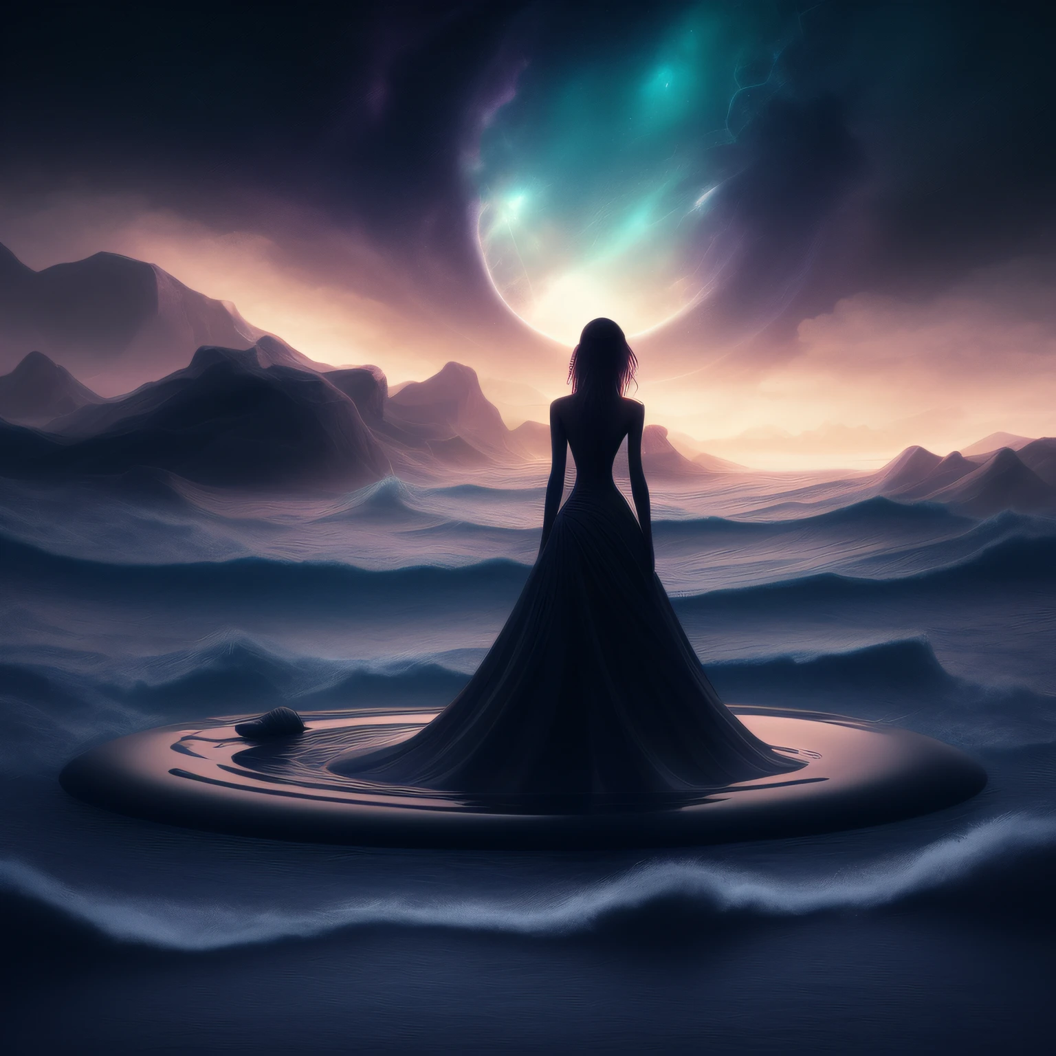 There is a woman standing in the water with a foreign object, « Femme on a galactic shore, escena surrealista, en el multiverso, floating across the cosmic ocean, flotando junto a planetas, Surreal Dark Otherworldly Mood, flotando en el universo, Floatiung frente a una nebulosa, in a surreal dreamscape, Neosurrealismo. Arte digital, Surreal dreamscape octane render 4k