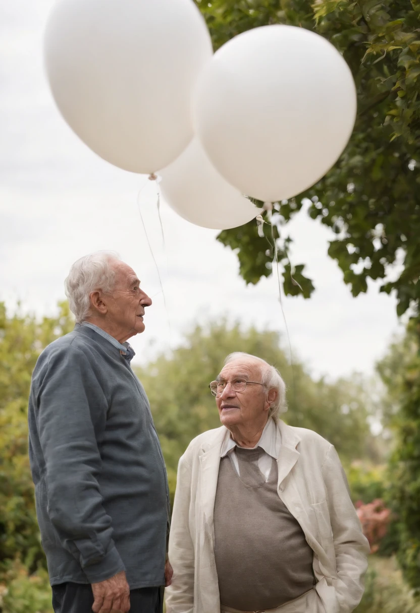 Two comic book characters, dois senhores conversando, Traces of anime and cartoons, two old men from the garden white background, with white balloons
