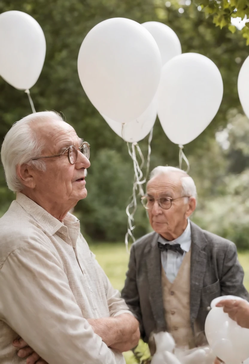 Two comic book characters, dois senhores conversando, Traces of anime and cartoons, two old men from the garden white background, with white balloons