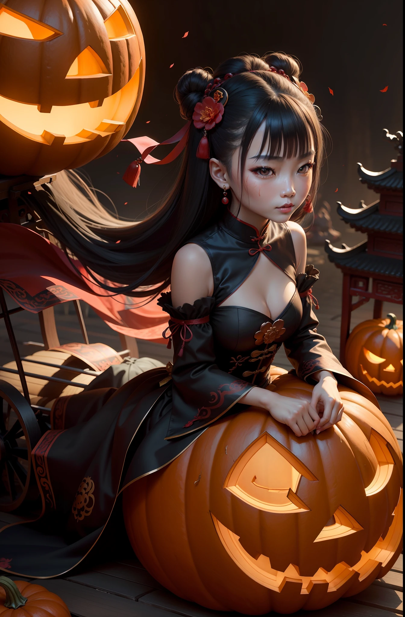 Chinese style Halloween characters,Pumpkin cart,Dark Princess Wind,Detailed facial portrayal,Fine texture,Juvenile face,Beautify and groom,The face is plump and round,Hua Dian,Ruby-like pupils