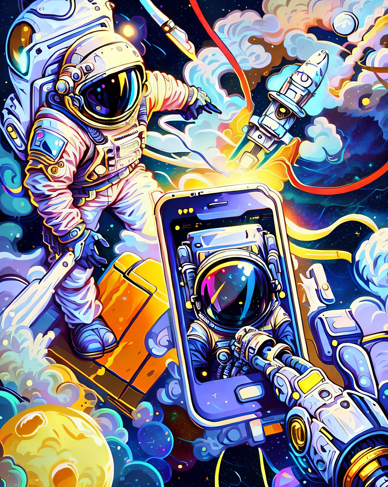 Astronaut in outer space with space station child, Mobile game art, space walk scene, spacewalk, space graphics art in background, full color digital illustration, Space travelling, detailed digital illustration, Commercial illustration, In space, scifi illustration, painting of a:Robot Jones, Mobile game background, big tech art style, The astronaut