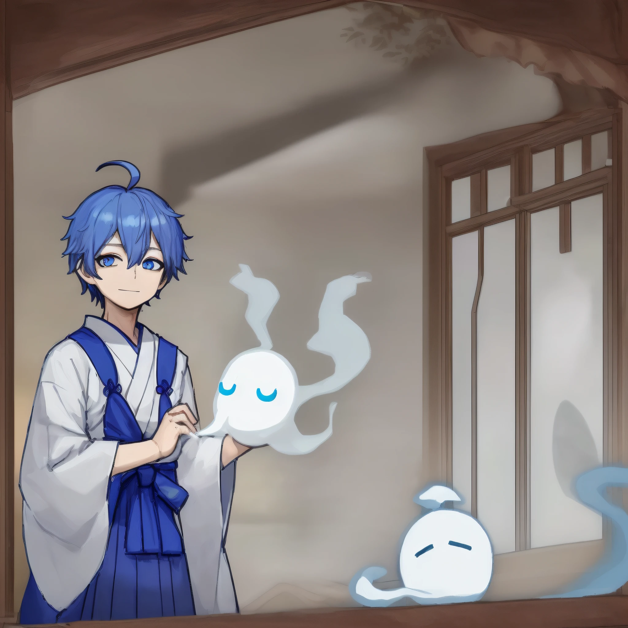 ((masterpiece、top-quality))、(独奏)、(Male Focus)、(Ahoge、Blue hair、short-hair)、Blue eyes、lightsmile、placket、(White attire、komono、hakama、Ghost appearance)、is standing、White background、back arms、dynamic ungle、(Triangle scarf、Sky crown)、Frontal painting