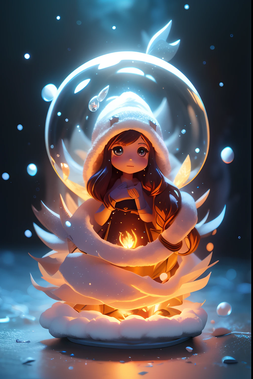 Digital Art,photoRealstic、 prety woman（nendroid）Located on a snow globe 、Rays around the woman（Fire Spirit, Water Spirit, Earth Spirit）,  bio luminescent、