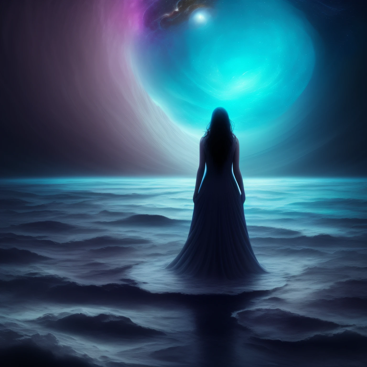 There is a woman standing in the water with a foreign object, « Femme on a galactic shore, escena surrealista, en el multiverso, floating across the cosmic ocean, flotando junto a planetas, Surreal Dark Otherworldly Mood, flotando en el universo, Floatiung frente a una nebulosa, in a surreal dreamscape, Neosurrealismo. Arte digital, Surreal dreamscape octane render 4k