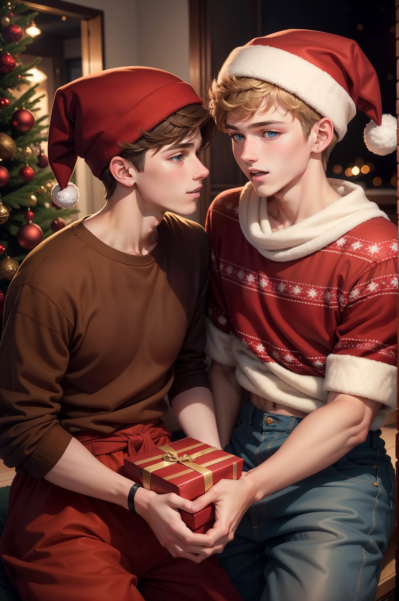 An 18 year old boy with brown eyes and brown hair kissing an 18 year old boy with blue eyes and blond hair, both wearing Christmas clothes, one of them wearing a red hat, and behind a Christmas tree. He can make different images, like, opening presents, playing together, showing that they are happy.