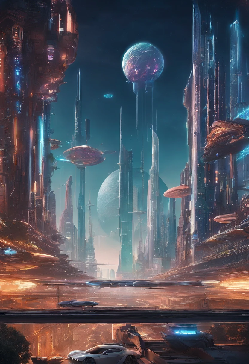 futuristic city with futuristic train and futuristic buildings at night, future concept art, otherwordly futuristic city, in fantasy sci - fi city, beautiful city of the future, futuristic utopian city, concept art 8 k resolution, concept art 8k resolution, city of the future, futuristic space port, concept art 8 k, sci-fi hollywood concept art