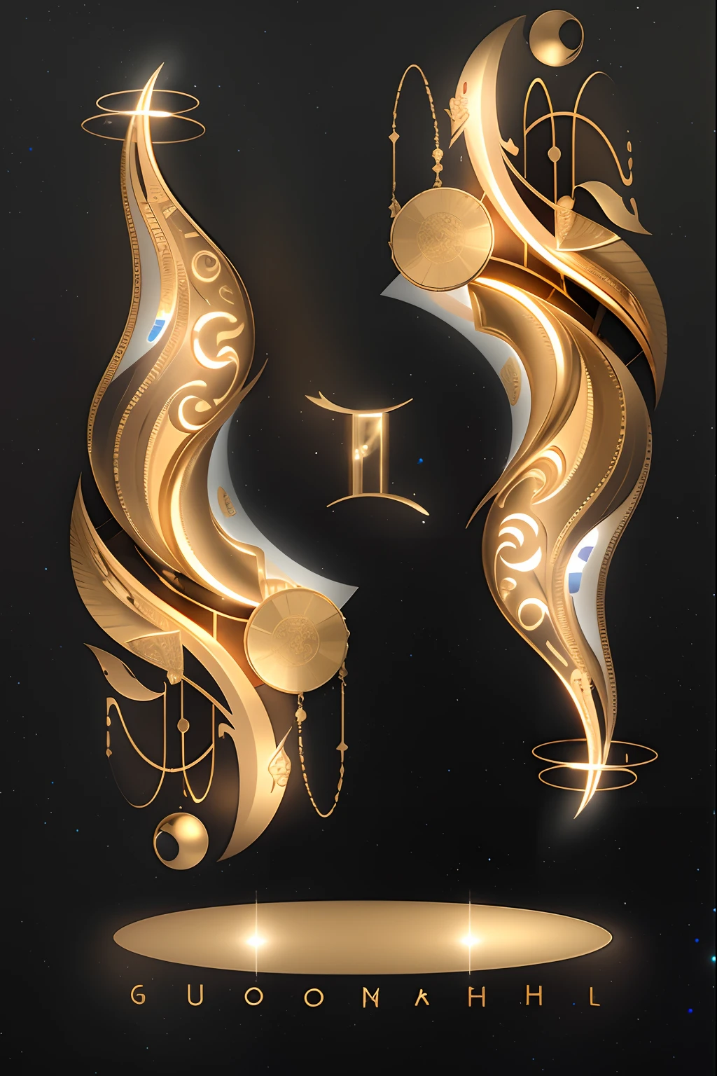 There is a poster in gold and black，It has a woman's face on it, intricate gold elements, 8 intricate golden tenticles, beautiful gemini good and evil, ornate galactic gold, inspired by Petros Afshar, luxurious ornate golden jewelry, 8K high quality detailed art, 3d magical details, Gemini, baroque marble and gold in space, 3 d render stylized