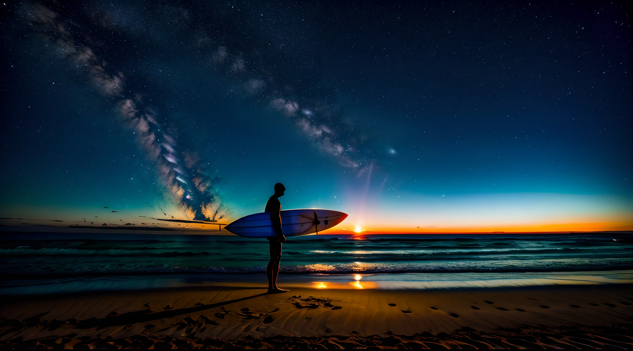 A surfboard on the beach at night with stars