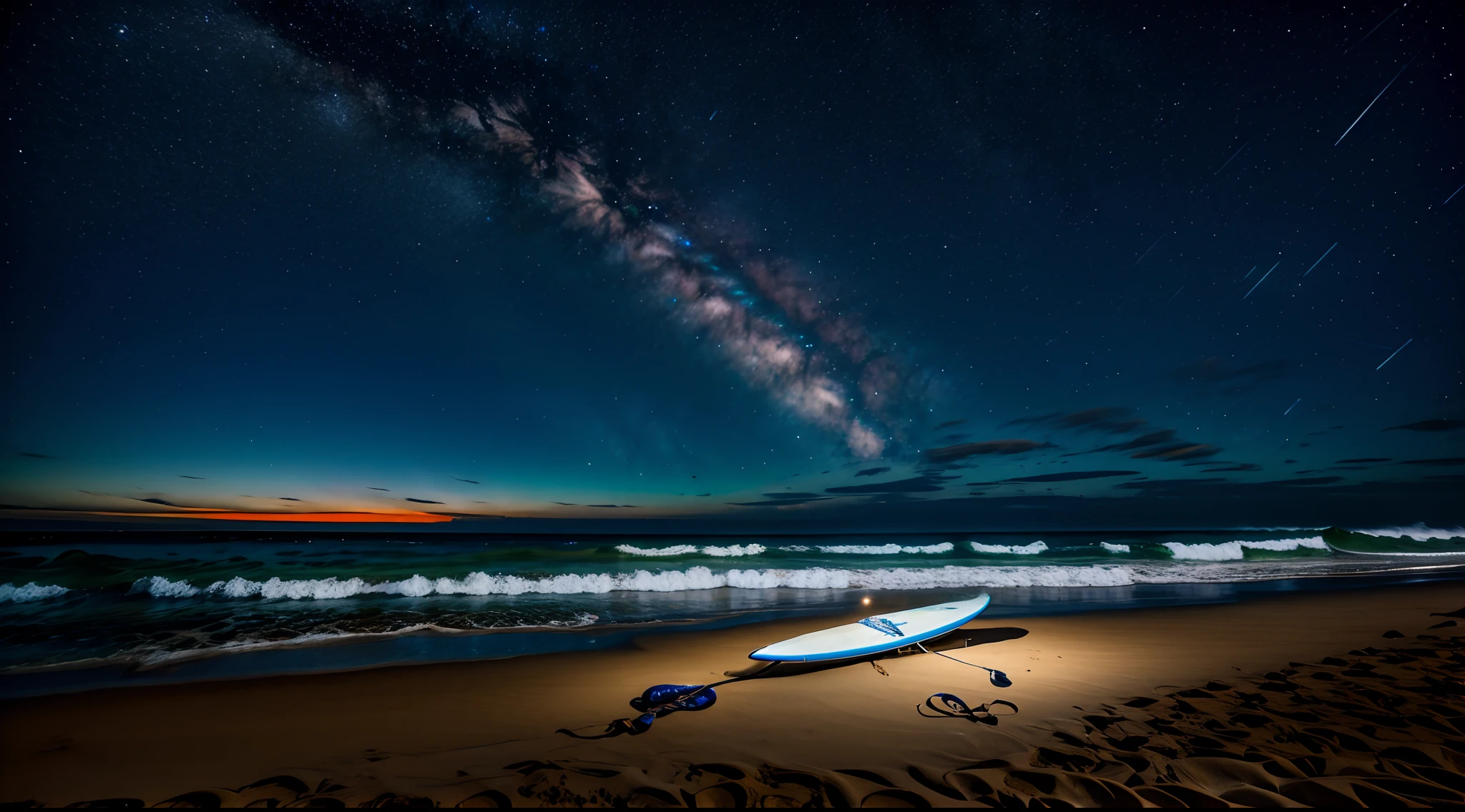 A surfboard on the beach at night with stars