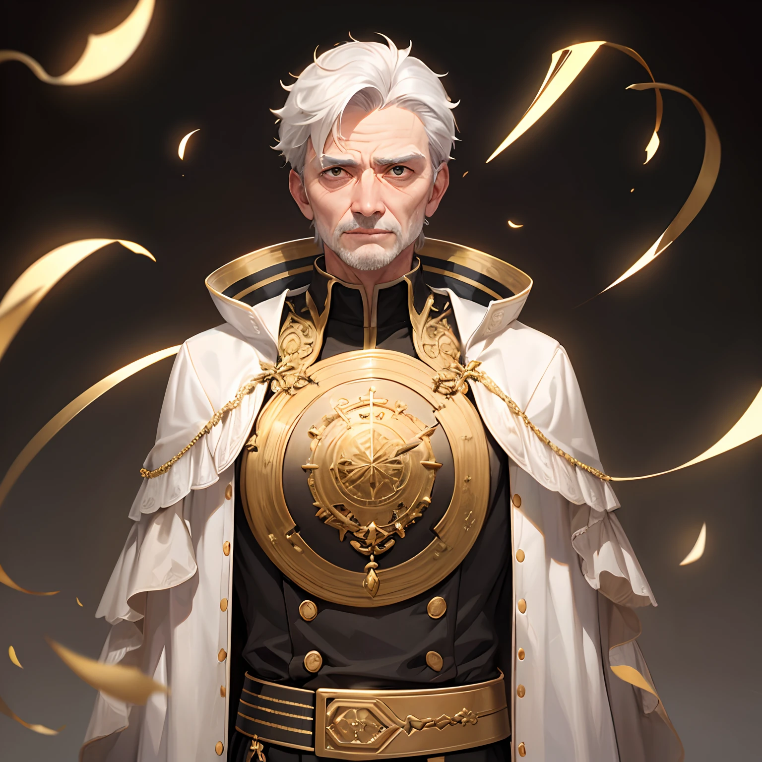 hightquality、detaileds、Old Man、skin tanned、Pure white background、Black and gold robe、Standing、Upper body is shown、Alone、Angle close to the target、Gray hair、