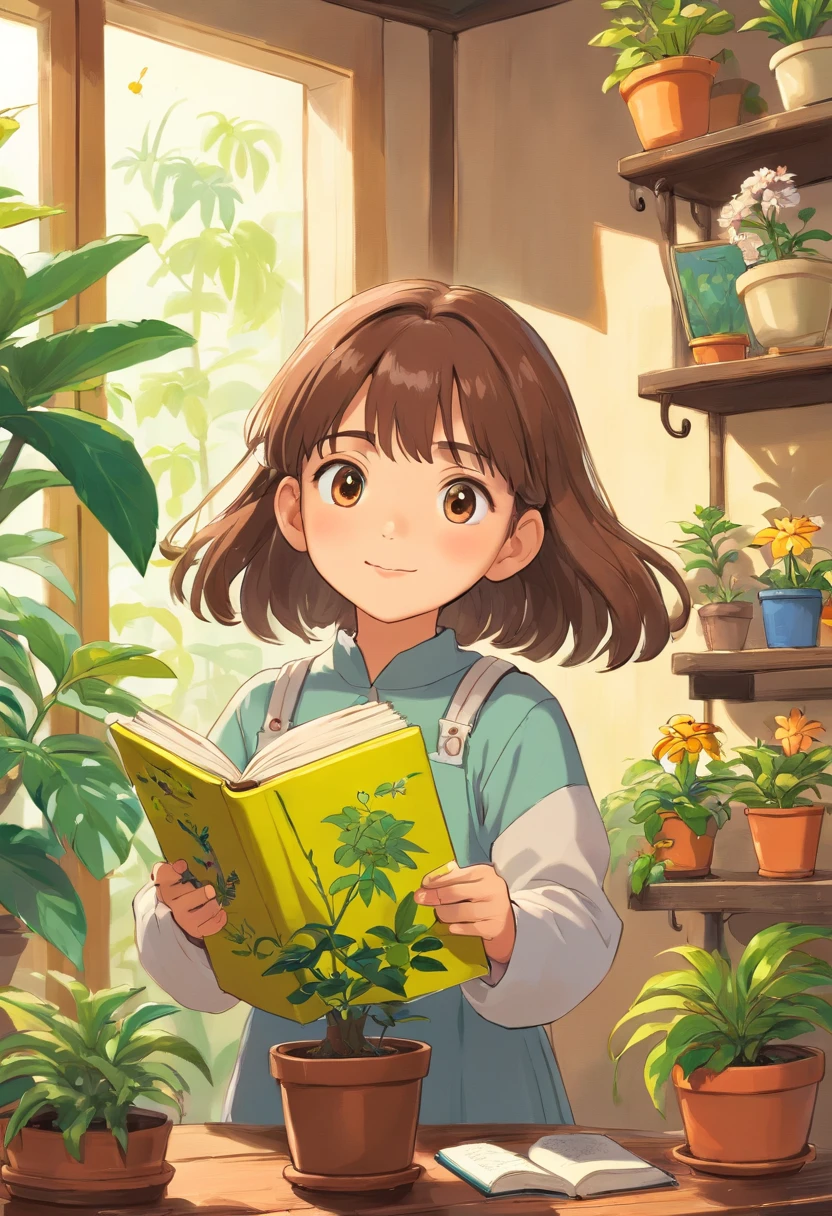 a book with little girl holding up a picture of a potted plant, in the style of detailed character illustrations, lilia alvarado, playful cartoonish illustrations, honeycore, close-up, digital illustration, made of insects