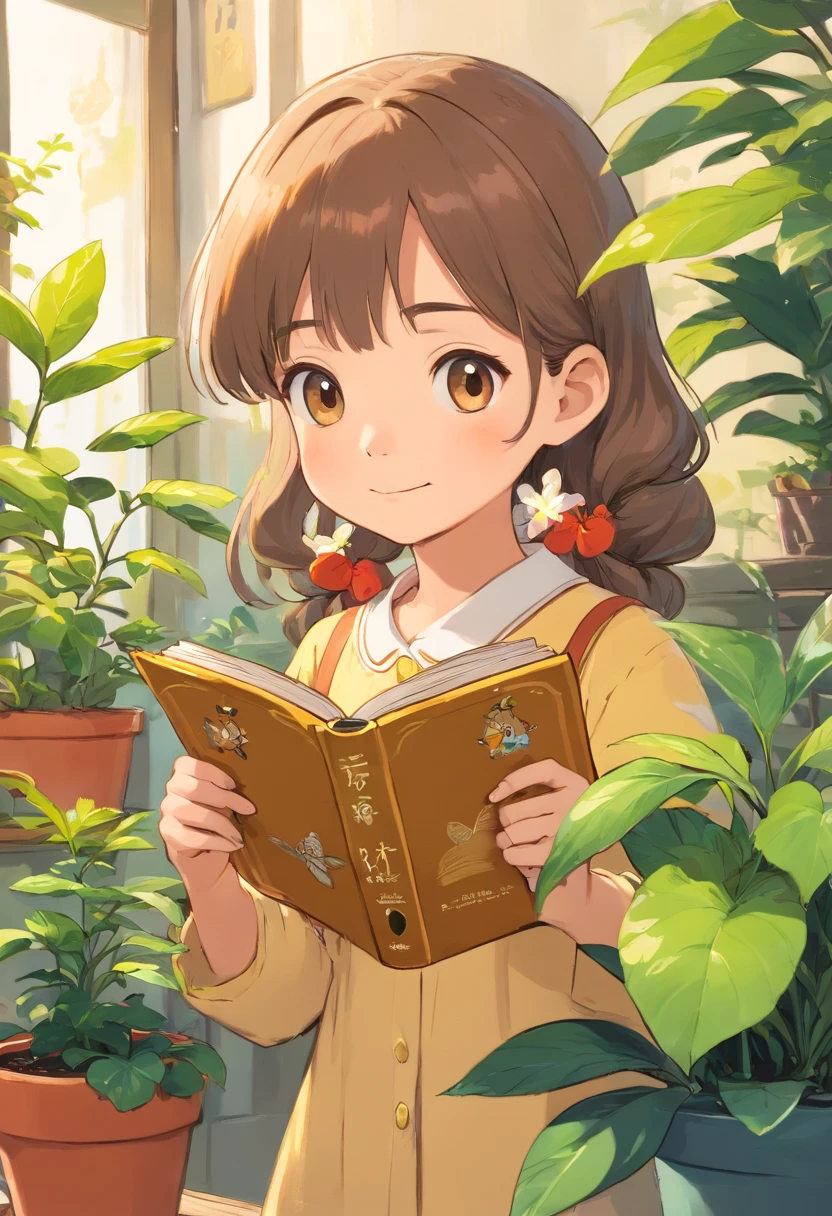 a book with little girl holding up a picture of a potted plant, in the style of detailed character illustrations, lilia alvarado, playful cartoonish illustrations, honeycore, close-up, digital illustration, made of insects
