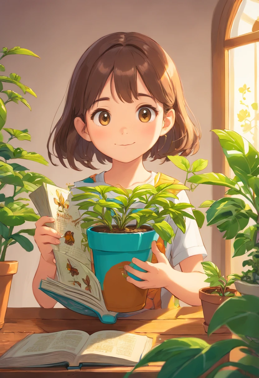 a book with holding up a picture of a potted plant, in the style of detailed character illustrations, lilia alvarado, playful cartoonish illustrations, honeycore, close-up, digital illustration, made of insects