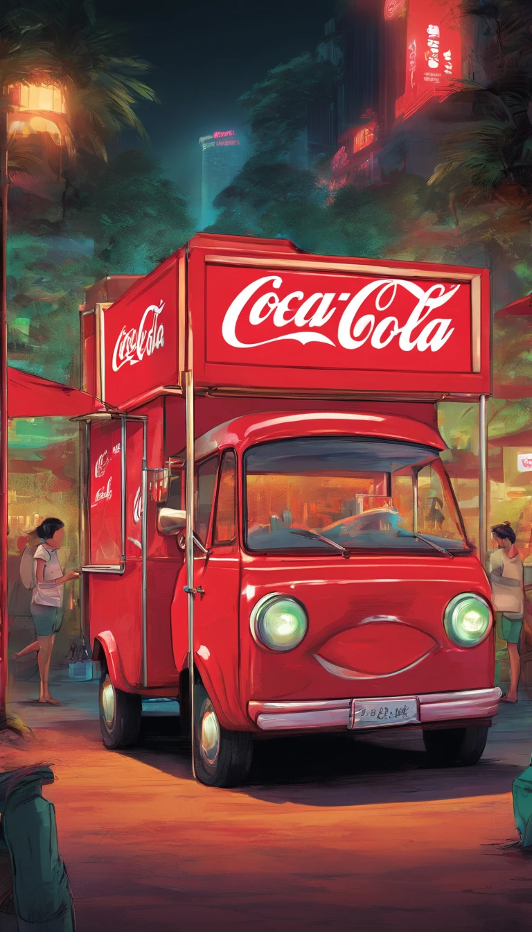 a festival vibe 'CoCa CoLa' mini modern sales truck with open back door to sell drinks in the park, in the night, urban 'Ho Chi Minh city' background, directly view point at the back of the truck,