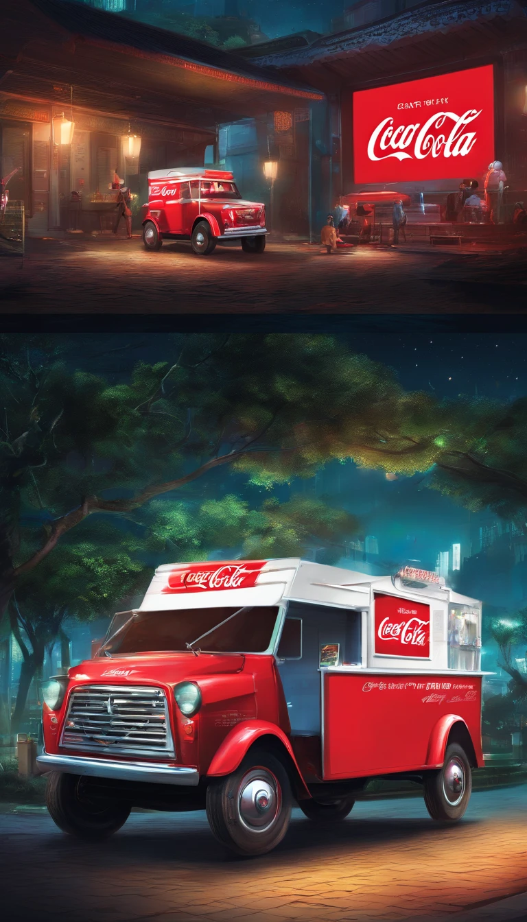 a festival vibe 'CoCa CoLa' mini modern sales truck with open back door to sell drinks in the park, in the night, urban 'Ho Chi Minh city' background, directly view point at the back of the truck,