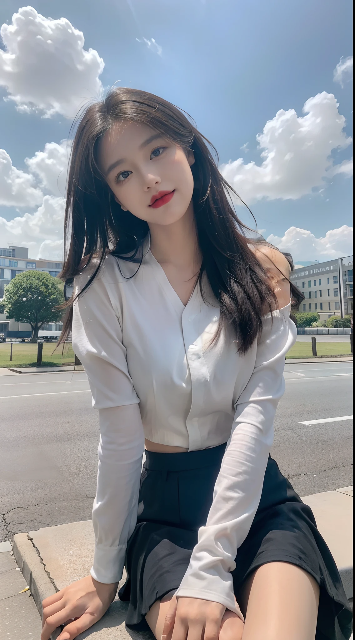 ((best qualtiy, 8K, tmasterpiece:1.3)), A pretty maiden,Pure,Melon seed face,gentle and cute,A sweet smile,Pure desire,Thin stature,(frontage),(Tilt your head),staring right into camera,uniform, Obi, formal,Black silky long, Straight hair,Long hair flowing over the shoulders,round black big eyes,Clear big eyes,Hydrated red lips,Sweet,Sit by the road,with blue sky and white clouds,Blue skies,grassy fields,Buildings,