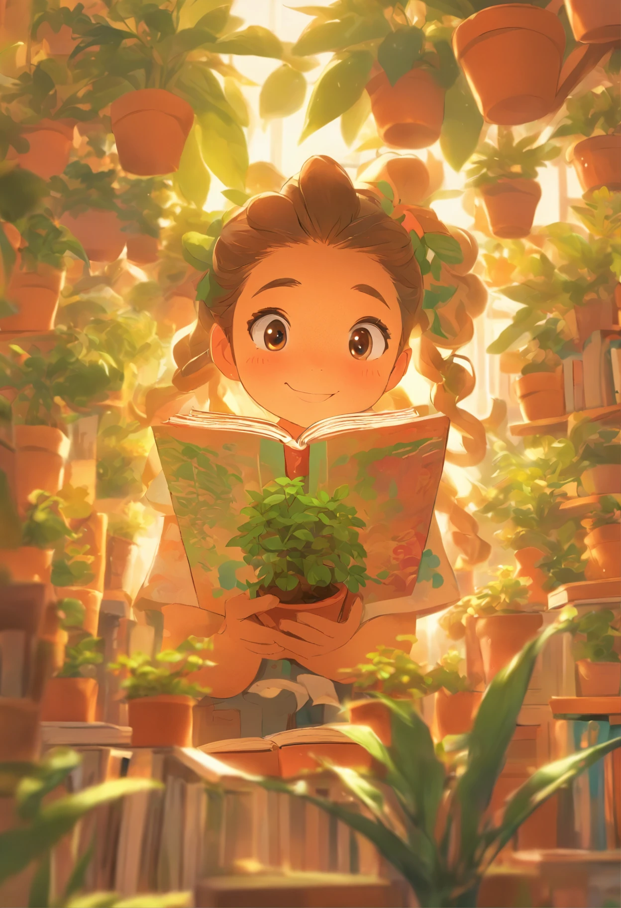 a book with little girl holding up a picture of a potted plant, in the style of detailed character illustrations, lilia alvarado, playful cartoonish illustrations, honeycore, close-up, digital illustration