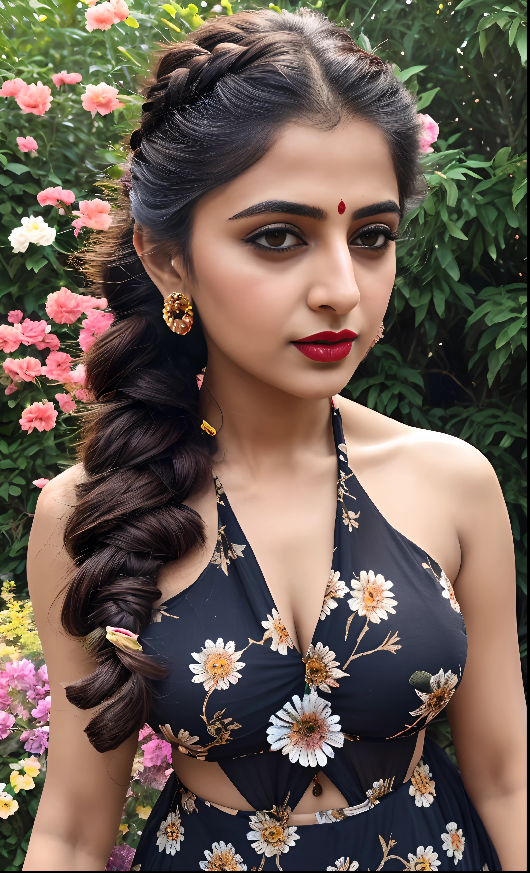 Indian female model rubina tandon, look at viewer, French braid hair , flower Halter Dress, cleavage, garden landscape design, (rim light), dark red lips, big natural lips