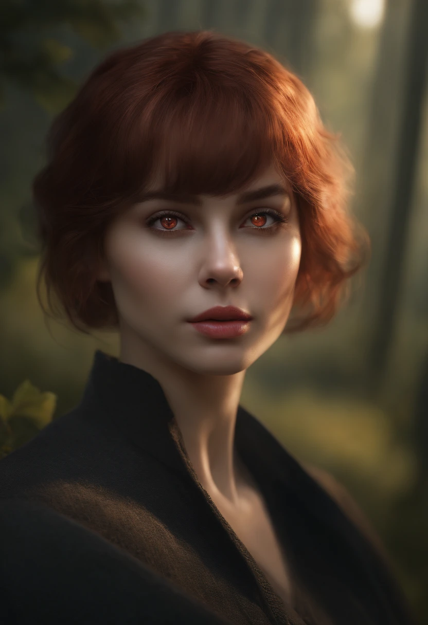 (best quality,16K,highres,masterpiece:1.2),ultra-detailed,realistic,(portraits:0.9),(concept artists:0.9),red-eyes,(beautiful detailed eyes:1.1),(detailed lips:1.1),dark forest background,evocative,natural lighting,(short-haired girl:0.9),(cute short hair:0.9),(red bangs:0.9),(mysterious atmosphere:0.9),(best artist:0.9),(outstanding performance:0.9),(high-density imaging critique:0.9)
