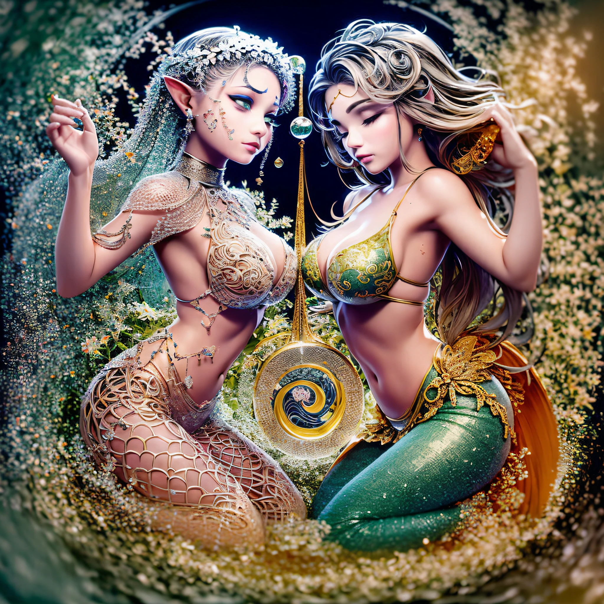 A pintura gerada pela IA do Sea Art retrata uma imagem fascinante de yin yang, (max quality, design requintado, best ilumination, melhor sombreamento). statue of 2 mermaids in the form of Yin Yang. dentro de uma bola de cristal, sob a lua e o sol, bringing to life the harmony and interconnectedness of opposing forces and duality. detalhes detalhados e realistas, intrincado, carved in green and orange marble, brilhando com luar e luz solar, A perfect balance between light and dark, mystical and serene. dentro de uma bola de cristal, as duas metades: uma negra, representando o yin, e outra branca, simbolizando o yang. These details symbolize the mutual presence of opposing elements in each aspect. While yin contains a small point of yang, Yang also contains a small point of yin, creating a dynamic and harmonious balance. Essa pintura gerada pela IA do Sea Art transmite uma mensagem profunda sobre a dualidade do universo.