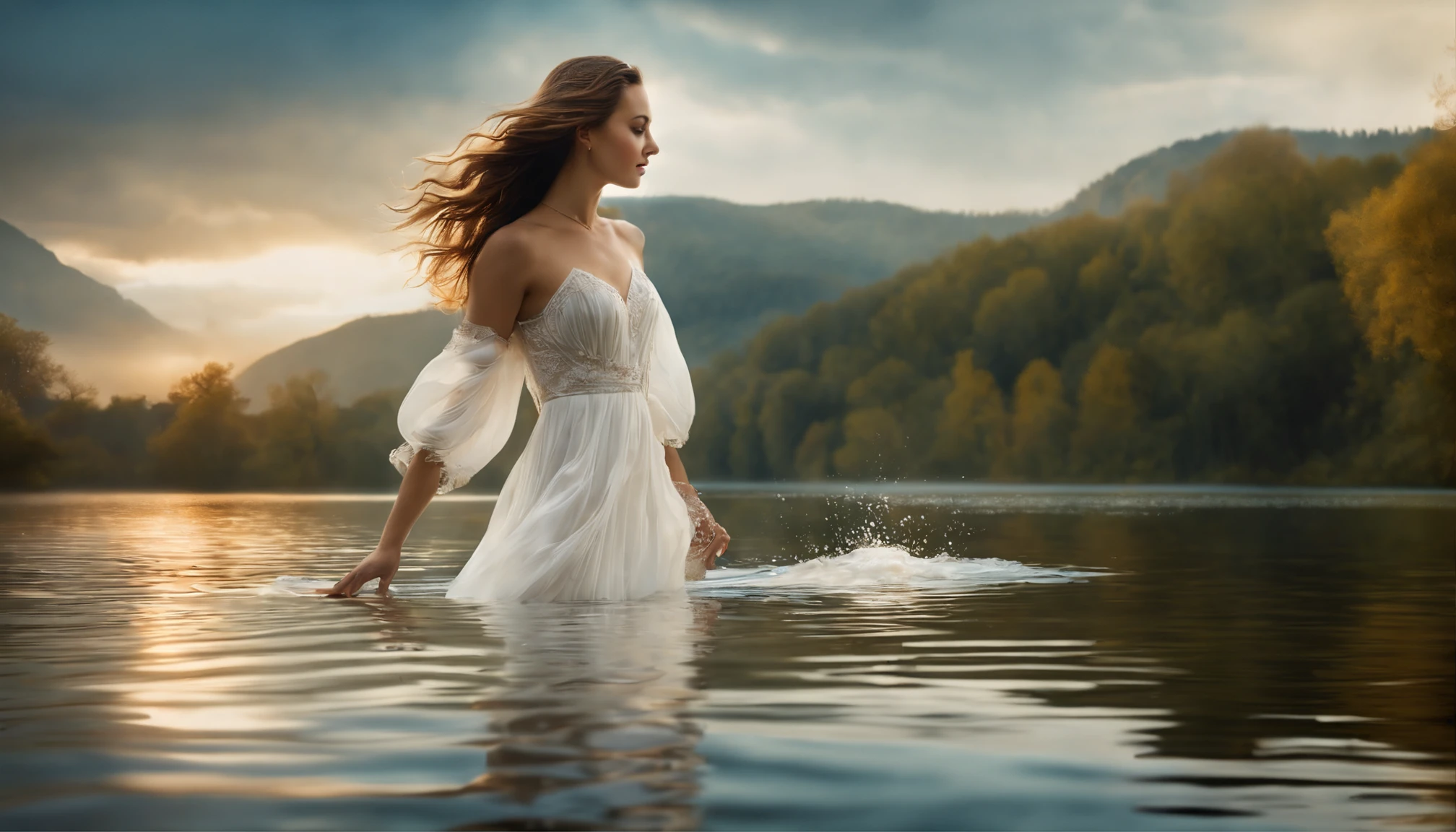 Girl swimming in the lake, 独奏, Dressed in a white dress, Elegant, artistic, (Photorealsitic: 1.4), top-quality, masterpiece, ultra-detailliert, lighting like a movie