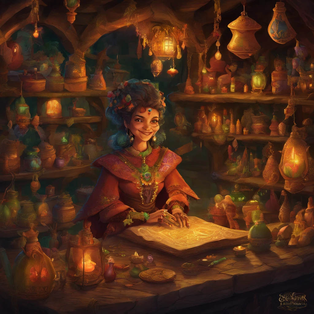 A cute female goblin merchant selling magical items in a bustling marketplace. She has a mischievous smile and sparkling eyes. Her green skin is adorned with colorful tattoos, and she wears a vibrant and intricately designed robe made of enchanted fabric. The marketplace is filled with exotic creatures, floating stalls, and flickering lanterns. The magical items on display range from enchanted trinkets to potions and spellbooks. The scene is bathed in warm and inviting lighting, with a touch of soft golden hues. The overall image quality is of the best quality, with ultra-detailed textures and vibrant colors. The artwork has a whimsical and fantasy-inspired style, capturing the charm and allure of the goblin merchant and her enchanting wares.