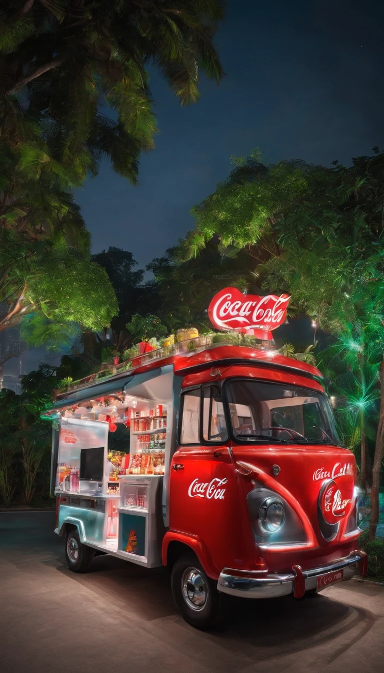 a festival vibe 'CoCa CoLa' mini modern sales truck with open back door to sell drinks in the park, in the night, urban 'Ho Chi Minh city' background, directly view point at the back of the truck,