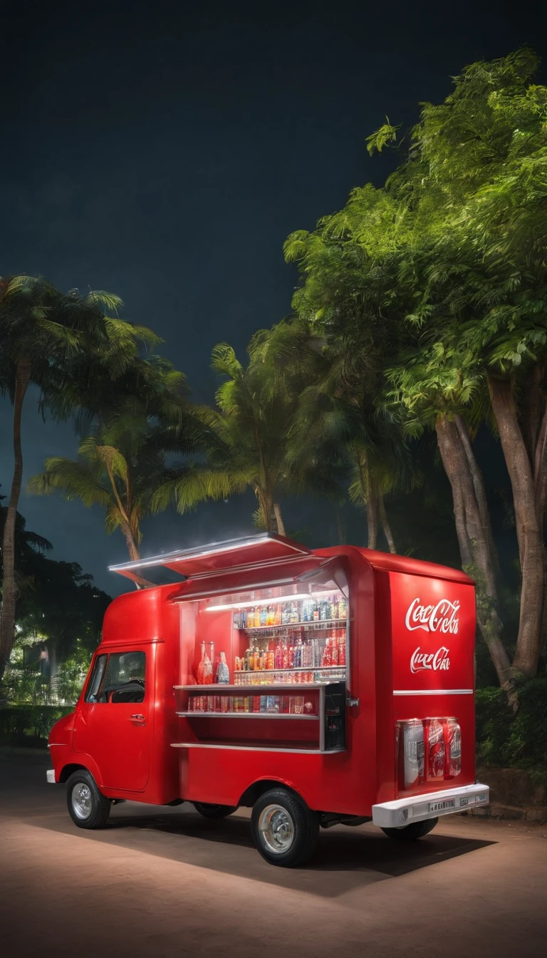a festival vibe 'CoCa CoLa' mini modern sales truck with open back door to sell drinks in the park, in the night, urban 'Ho Chi Minh city' background, directly view point at the back of the truck,
