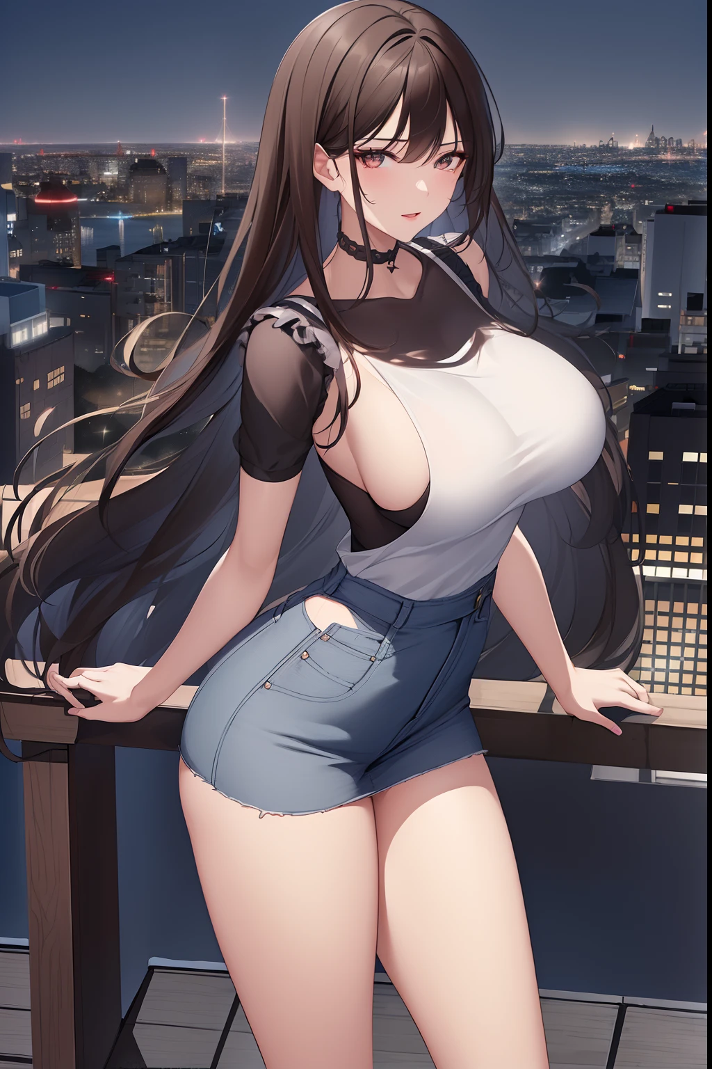 ((Midnight, Best quality, 8k, Masterpiece :1.3)), Whole body, Long legs, Sharp focus :1.2, A pretty woman with perfect figure :1.4, Slender abs :1.1, ((Dark brown hair, Big breasts :1.2)), (White tight tshirt, Jean bib, Standing:1.2), ((Night city view, Rooftop:1.3)), Highly detailed face and skin texture, Detailed eyes, Double eyelid