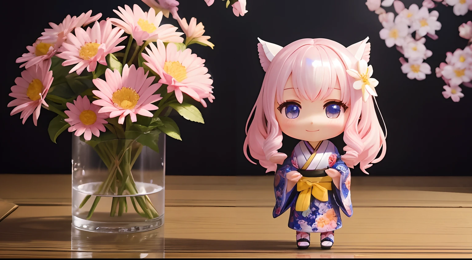 photoRealstic、Doll standing in front of the painting(nendroid)、A smile、Water droplets on the cheeks、In a cute pose、Sengai、pixiv、rokoko、dollfie dream、watercolor Nendoroid、(High Definition Figure)、Flowing iridescent silk、up of face、Eye Up、Komono、Kimono、There are also flowers in front of the nendroids、flower petals、season!!: 夏天☀ 🍂