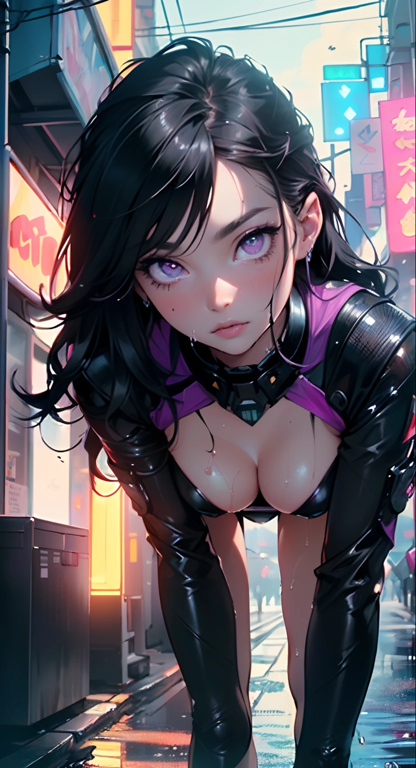 girl spacepunk,(((1girl))),((cute and beautiful black haired girl)),

(large breasts:1.4),saggy breasts,(((black wavy hair:1.35,absurdly long unkempt hair,messy hair,colored inner hair,ear breathing))),((purple eyes:1.3,upturned eyes:1.3,perfect eyes,beautiful detailed eyes,rainbow glows ultra-detailed deep pink purple eyes:1.1,gradient eyes:1,finely detailed beautiful eyes:1,symmetrical eyes:1,big highlight on eyes:1.2,vibrant color eyes:1.5)),((fat)),(((lustrous skin:1.5,bright skin: 1.5,skin tanned,shiny skin,very shiny skin,shiny body,plastic glitter skin,exaggerated shiny skin,illuminated skin,wet legs))),(spider lower abdomen,narrow waist,wide hip,athletic body,inflated legs,delicate detailed fingers,detailed body,human hands,(detailed face)),

cute,slutty,erotic,((nsfw)),

zettai ryouiki,revealing clothing,show skin,(wearing a mechanical space body armor:1.3,micro bikini,bare legs),with micro clothes,almost totally naked,with little clothing,tiny thong,generous neckline,((wet clothes,detailed outfit,detailed clothes)),

dynamic pose:1.0,embarrassed,(centered,scale to fit dimensions,Rule of thirds),

cyberpunk city by the ocean at night, with bright neon signs and dark stormy clouds and puddles,

High resolution, sharp focus, (ultra detailed, extremely detailed), (photorealistic artwork:1.37), 8k wallpaper,((synthwave background theme)),(((vibrant colors,))),(intricate),masterpiece,(best quality),synthwave neon colors,