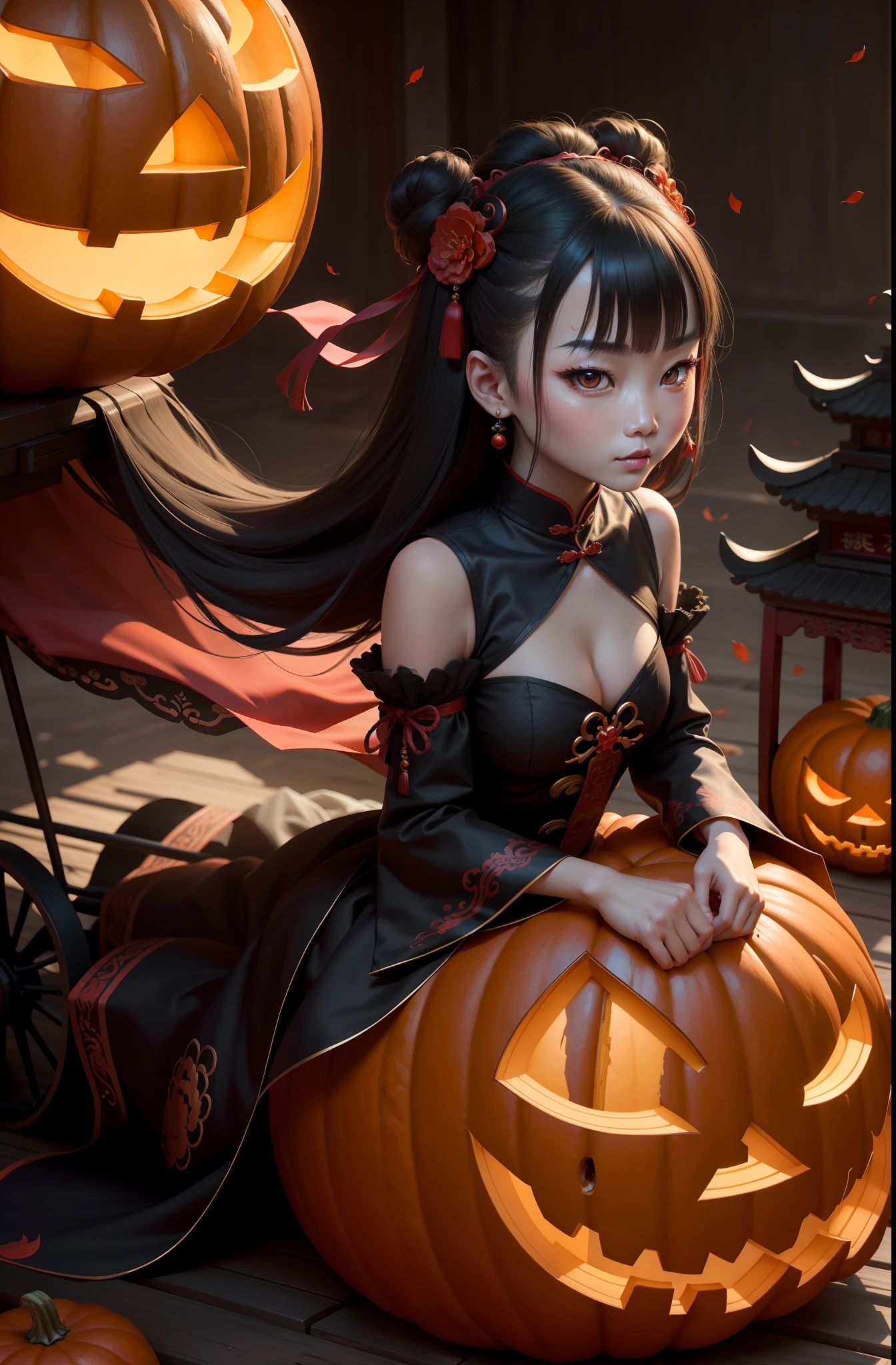 Chinese style Halloween characters,Pumpkin cart,Dark Princess Wind,Detailed facial portrayal,Fine texture,Juvenile face,Beautify and groom,The face is plump and round,Hua Dian,Ruby-like pupils