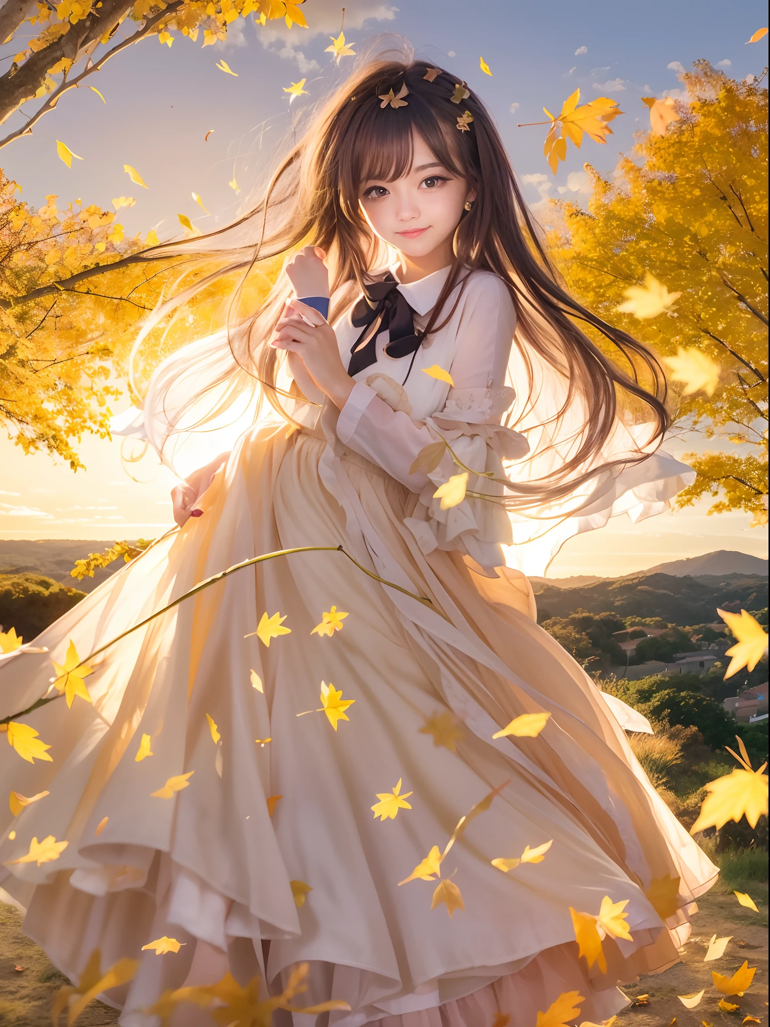 Hill of autumn leaves,Pretty girl,Evening glow,Long skirt with yellow and brown ruffles、A smile、Black Long Hair、Black eyes、White blouse,Skirt is wind、Watching the sunset,face lights、full body Esbian