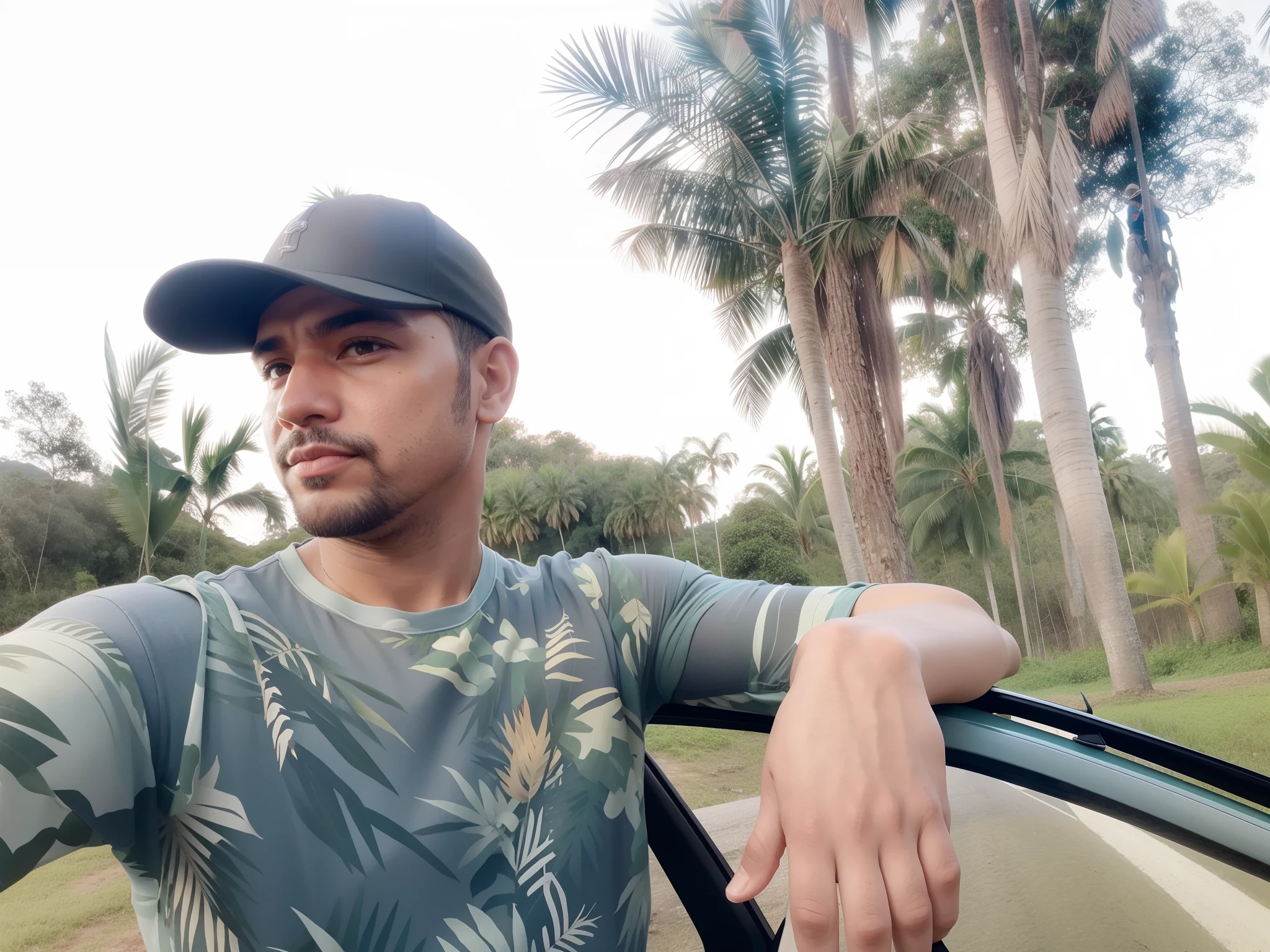 There is a man next to a car with palm trees in the background, na selva, Selvas ao fundo, em frente a um fundo de floresta, na floresta da selva, na selva da floresta, em uma selva, na floresta da selva !!!, em um ambiente de selva, selva no fundo, during sunset, amidst nature, no pico da floresta da selva, em uma floresta tropical
