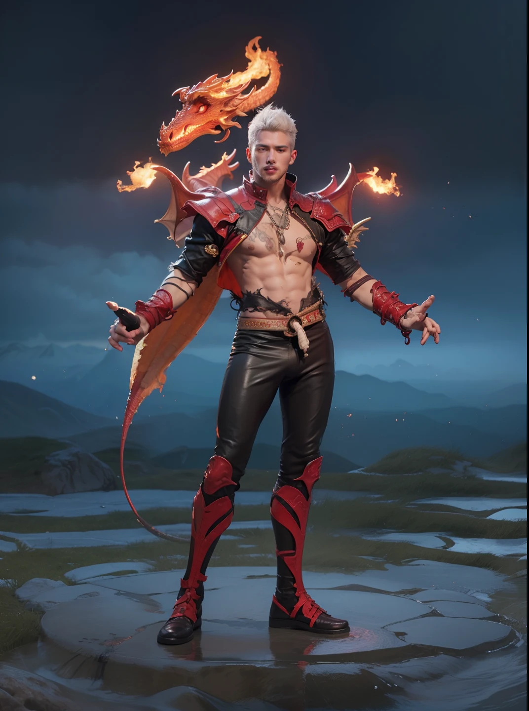 best quality, masterpiece, (photorealistic:1.4), 1boy , shirt with collars, waist up, dramatic lighting, from below , handsome, sixpack, charming, cute, white skin, naked,Not wearing underwear , male genitalia exposed, large long veined hard erect male genitalia, white hair, yellow eyes,Body covered with transparent viscous white fluid and sperm, oral sex, sucking male genitalia, fire magic ,Cloak made of fire, Naked, bare chest,Super tight mini panties , dragon, perfect eyes,Dragon scales, dragon wings ,red Tattoo on chest,red eye ball, Korean boy