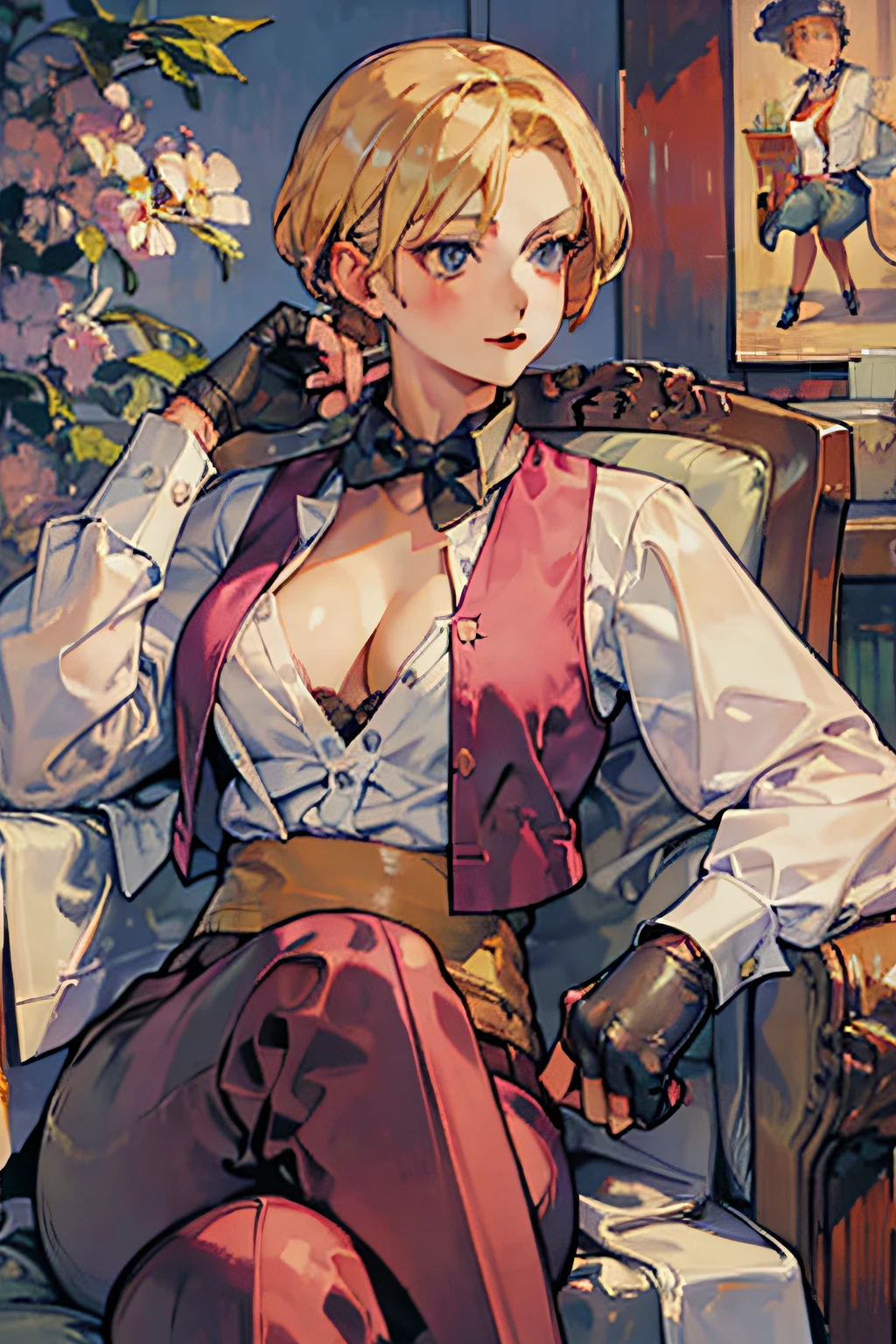 kingms, 1girl, solo, gloves, bow, fingerless gloves, pants , shirt, vest, suspenders,simple background,((post-impressionist)),relaxed stance,relaxed pose,(while sitting on a chair),((open shirt)),looking at breast,(cleavage),(open vest),steam coming from breast,