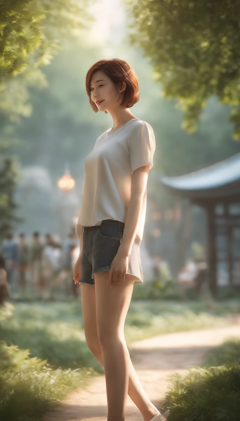 best quality, masterpiece,official art,extremely detailed CG unity 8k wallpaper, artbook, Campus, tall wutong tree, pure girl, short hair, bright smile, tight jeans, white short sleeves, slender straight thighs, small waist, no underwear, C cup, profle, soft light, high detail , Portrait Photography,from behind