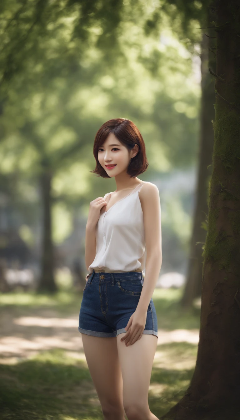 best quality, masterpiece,official art,extremely detailed CG unity 8k wallpaper, artbook, Campus, tall wutong tree, pure girl, short hair, bright smile, tight jeans, white short sleeves, slender straight thighs, small waist, no underwear, C cup, profle, soft light, high detail , Portrait Photography,from behind