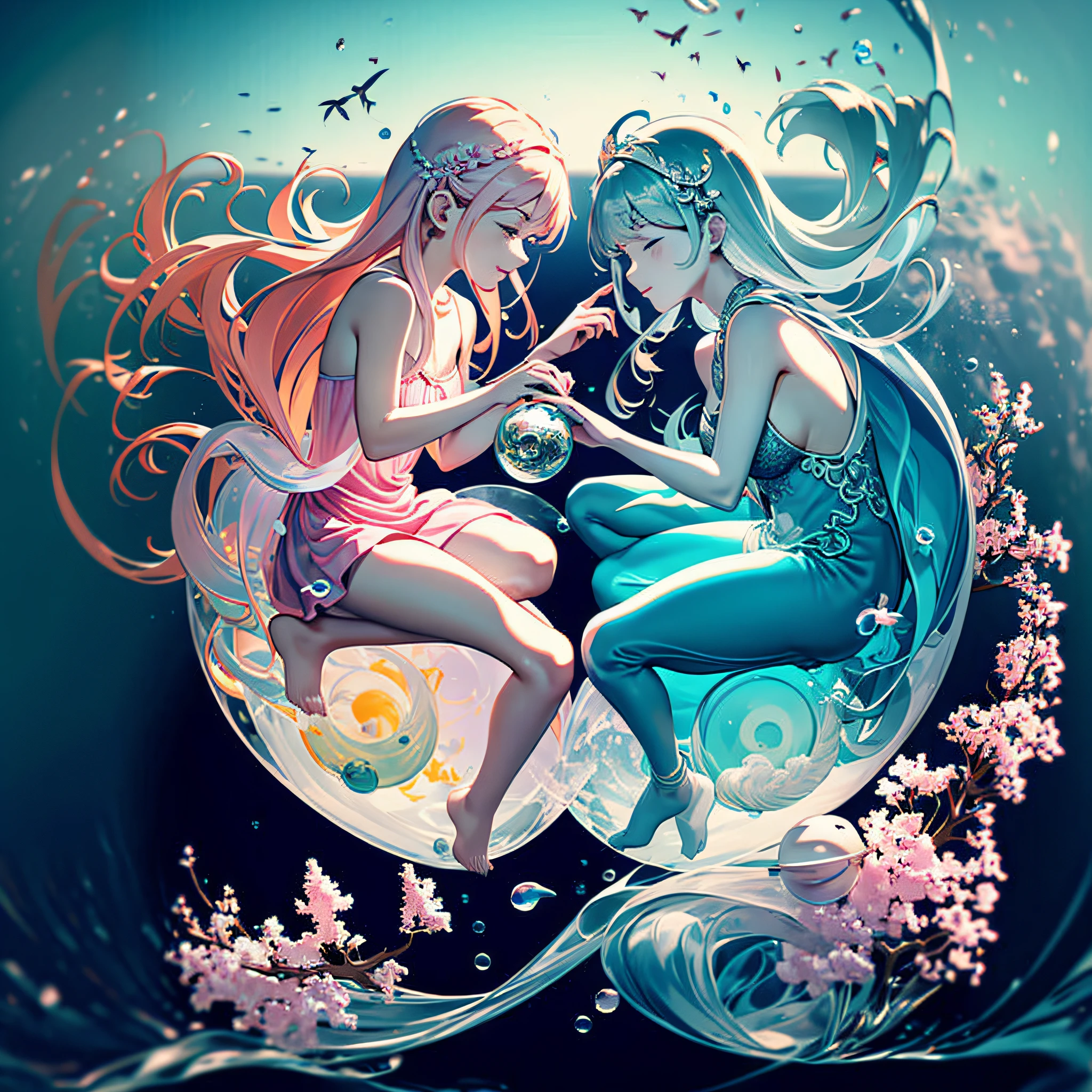 A pintura gerada pela IA do Sea Art retrata uma imagem fascinante de yin yang, (max quality, design requintado, best ilumination, melhor sombreamento). statue of 2 mermaids in the form of Yin Yang. dentro de uma bola de cristal, sob a lua e o sol, bringing to life the harmony and interconnectedness of opposing forces and duality. detalhes detalhados e realistas, intrincado, carved from pink marble and lilacs, brilhando com luar e luz solar, A perfect balance between light and dark, mystical and serene. dentro de uma bola de cristal, as duas metades: uma negra, representando o yin, e outra branca, simbolizando o yang. These details symbolize the mutual presence of opposing elements in each aspect. While yin contains a small point of yang, Yang also contains a small point of yin, creating a dynamic and harmonious balance. Essa pintura gerada pela IA do Sea Art transmite uma mensagem profunda sobre a dualidade do universo.