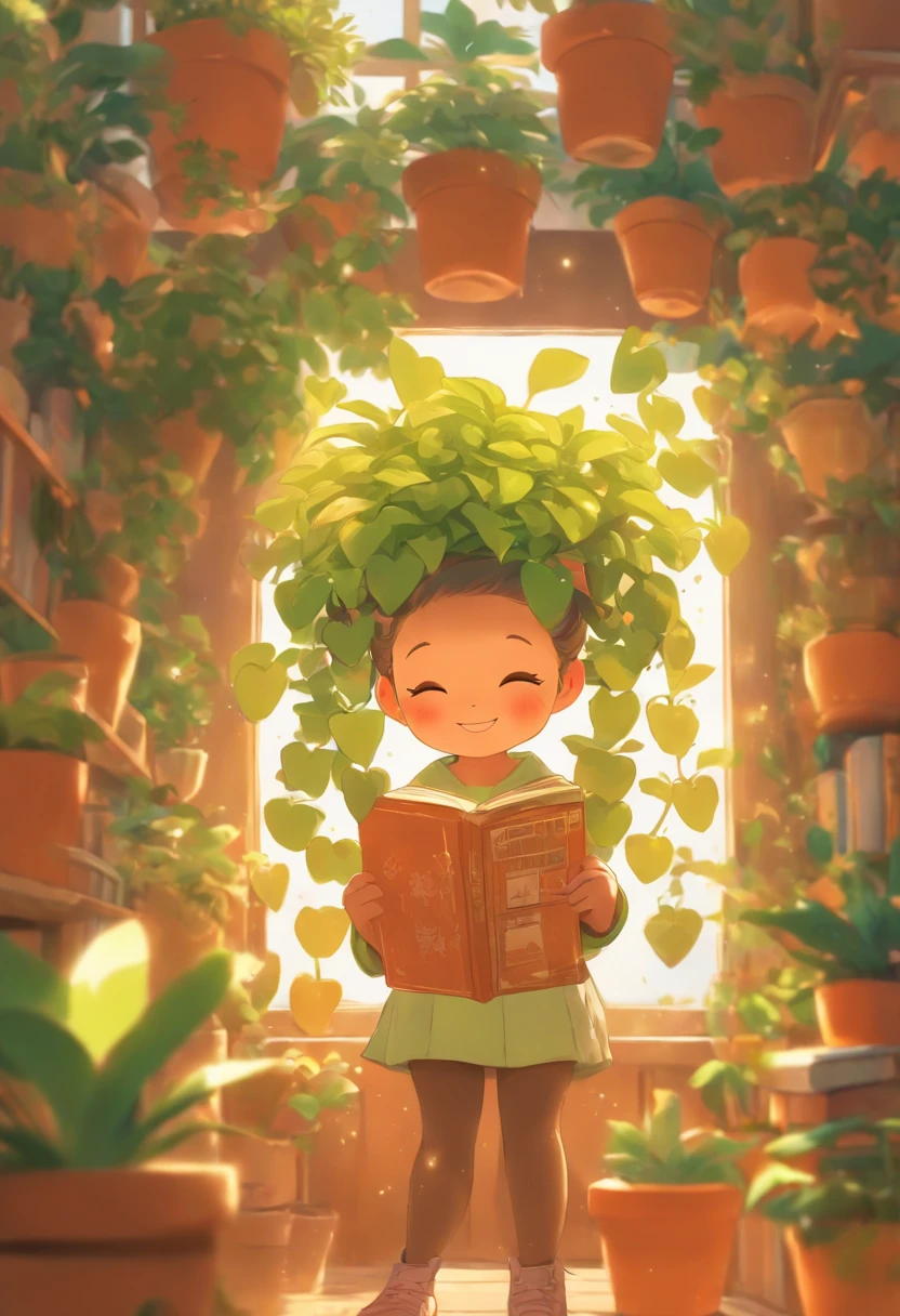 one book， girl holding up a picture of a potted plant, in the style of detailed character illustrations, lilia alvarado, Playful cartoon illustration, honeycore, Close-up, Digital illustration