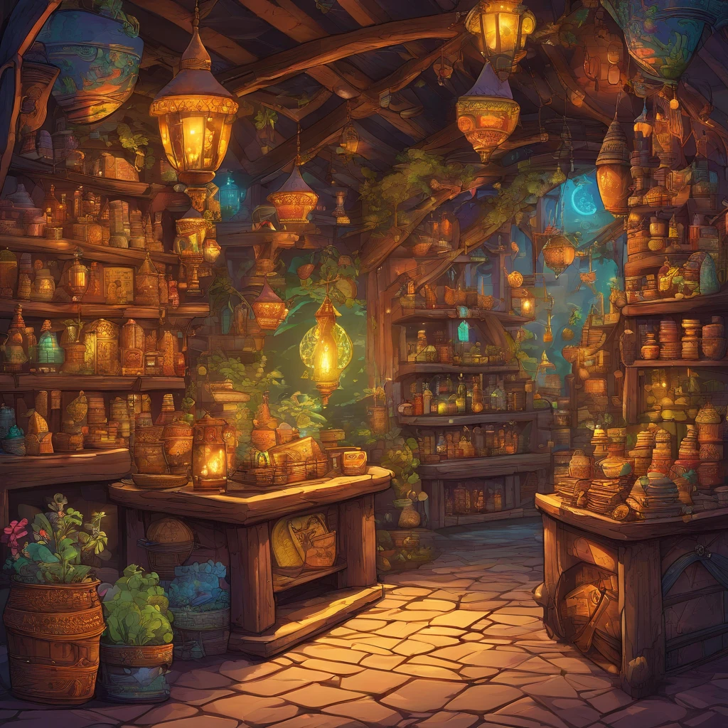 A cute female goblin merchant selling magical items in a bustling marketplace. She has a mischievous smile and sparkling eyes. Her green skin is adorned with colorful tattoos, and she wears a vibrant and intricately designed robe made of enchanted fabric. The marketplace is filled with exotic creatures, floating stalls, and flickering lanterns. The magical items on display range from enchanted trinkets to potions and spellbooks. The scene is bathed in warm and inviting lighting, with a touch of soft golden hues. The overall image quality is of the best quality, with ultra-detailed textures and vibrant colors. The artwork has a whimsical and fantasy-inspired style, capturing the charm and allure of the goblin merchant and her enchanting wares.