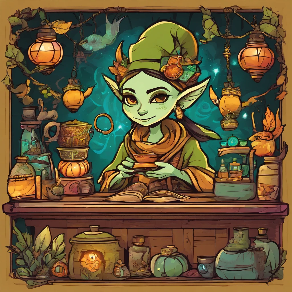 A cute female goblin merchant selling magical items in a bustling marketplace. She has a mischievous smile and sparkling eyes. Her green skin is adorned with colorful tattoos, and she wears a vibrant and intricately designed robe made of enchanted fabric. The marketplace is filled with exotic creatures, floating stalls, and flickering lanterns. The magical items on display range from enchanted trinkets to potions and spellbooks. The scene is bathed in warm and inviting lighting, with a touch of soft golden hues. The overall image quality is of the best quality, with ultra-detailed textures and vibrant colors. The artwork has a whimsical and fantasy-inspired style, capturing the charm and allure of the goblin merchant and her enchanting wares.